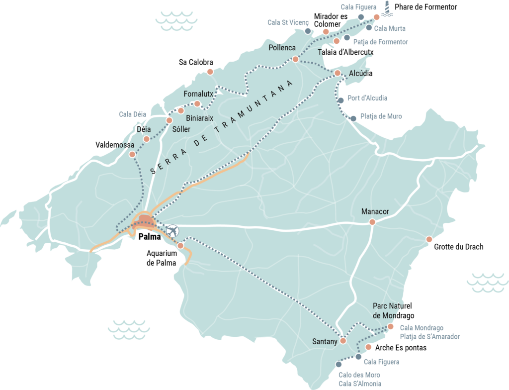 Carte de Majorque avec les endroits à visiter et notre itinéraire