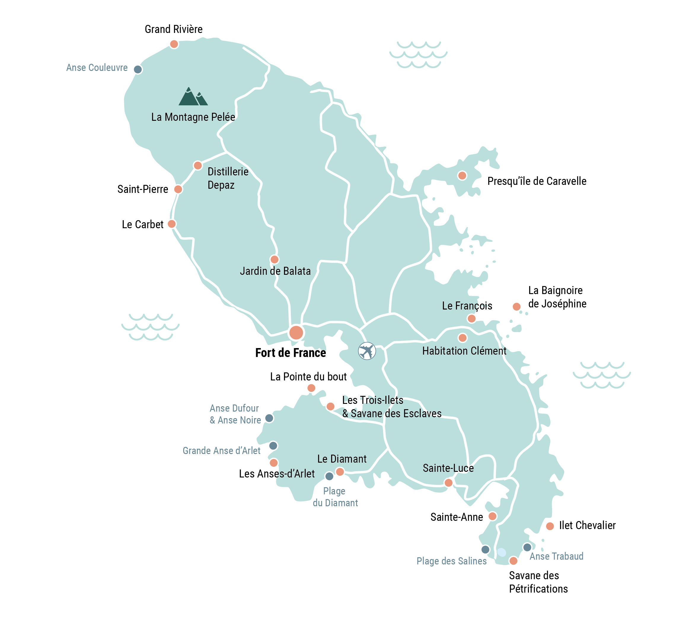 Carte-Martinique-01 Carte présentant les différents points d'intérêt de Martinique